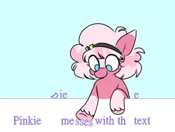 Size: 830x624 | Tagged: safe, artist:cheesetoastie, derpibooru import, pinkie pie, earth pony, pony, g4, alternate design, bangs, blue eyes, blush lines, blushing, closed mouth, colored hooves, female, fourth wall, hairband, hooves, image, looking at something, looking down, mare, no pupils, partially transparent background, pink hooves, png, purple coat, redesign, short mane, smiling, solo, text, twitterina design, two toned coat, underhoof, unshorn fetlocks, upper body