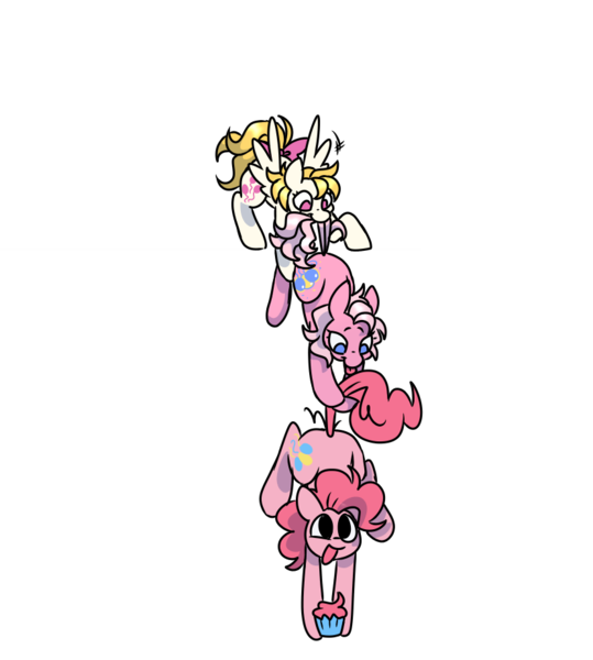 Size: 830x924 | Tagged: safe, artist:cheesetoastie, derpibooru import, pinkie pie, surprise, earth pony, pegasus, pony, g1, g4, :d, :p, biting, blonde mane, blonde tail, blue eyes, bow, cupcake, duality, emanata, eyebrows, feathered wings, female, food, fourth wall, full body, hanging, holding, hoof hold, image, looking at someone, looking at you, looking down, mare, no pupils, open mouth, open smile, partially transparent background, pink eyes, png, raised hoof, redesign, short mane, smiling, smiling at you, stray strand, tail, tail bite, tail bow, tail pull, tongue out, trio, trio female, white coat, wings