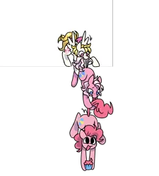 Size: 830x924 | Tagged: safe, artist:cheesetoastie, derpibooru import, pinkie pie, surprise, earth pony, pegasus, pony, g1, g4, :d, :p, biting, blonde mane, blonde tail, blue eyes, bow, cupcake, duality, emanata, eyebrows, feathered wings, female, food, fourth wall, full body, hanging, holding, hoof hold, image, looking at someone, looking at you, looking down, mare, no pupils, open mouth, open smile, partially transparent background, pink eyes, png, raised hoof, redesign, short mane, smiling, smiling at you, stray strand, tail, tail bite, tail bow, tail pull, tongue out, trio, trio female, white coat, wings