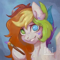 Size: 1280x1280 | Tagged: safe, artist:druf, artist:druf_draws, derpibooru import, oc, oc:humble heart, unofficial characters only, pegasus, pony, blue eyes, bust, commission open, digital art, female, green eyes, heterochromia, image, jpeg, light skin, looking at you, mare, multicolored hair, paint spots, paintbrush, portrait, rainbow hair, raised hoof, signature, simple background, smiling, solo, soul kids