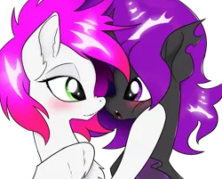 Size: 1243x1000 | Tagged: safe, artist:centoria, derpibooru import, oc, oc:ellie berryheart, oc:xandra, unofficial characters only, changeling, pegasus, pony, g4, blushing, cute, duo, female, green eyes, hug, image, looking at each other, looking at someone, love, png, purple eyes, smiling, squeezing, white wings, wings