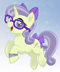 Size: 1868x2260 | Tagged: safe, derpibooru import, oc, oc:grape light, unofficial characters only, pony, unicorn, g4, my little pony: the movie, :d, bow, braid, female, glasses, gradient background, hair bow, horn, image, mare, mlp movie pony maker, open mouth, open smile, png, smiling, solo, tail, tail bow, two toned hair, two toned mane, two toned tail