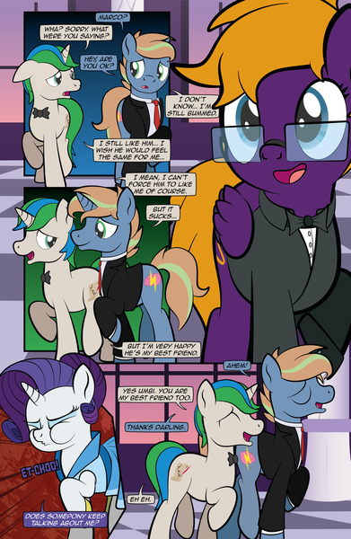 Size: 1920x2948 | Tagged: safe, artist:alexdti, derpibooru import, rarity, oc, oc:brainstorm (alexdti), oc:purple creativity, oc:star logic, pegasus, pony, unicorn, comic:quest for friendship retold, g4, clothes, dress, glasses, horn, image, png, tuxedo