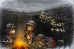 Size: 3601x2394 | Tagged: safe, artist:ev.gear, artist:evgear, derpibooru import, oc, unofficial characters only, earth pony, pony, unicorn, equestria at war mod, brodie helmet, burning, campfire, clothes, digital art, earth pony oc, eaw new year's art competition, equestria at war mod new year art contest, equestria at war new year art contest, fire, folded wings, gun, hat, helmet, high res, horn, image, military uniform, outdoors, png, raised hoof, rifle, sitting, snow, snowfall, soldier, soldier pony, trench, unicorn oc, uniform, uniform hat, war, weapon, wings, winter, winter spirits, winter spirits 2024