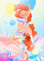 Size: 1252x1748 | Tagged: safe, artist:hirvas, derpibooru import, pinkie pie, anthro, plantigrade anthro, g4, belly, belly button, breasts, cheerleader, eyes closed, image, open mouth, png, pom pom