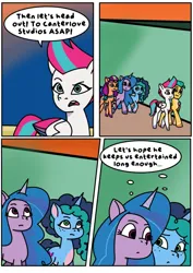 Size: 1131x1600 | Tagged: safe, artist:delilah1_riley, derpibooru import, hitch trailblazer, izzy moonbow, sunny starscout, zipp storm, earth pony, pegasus, pony, unicorn, comic:pipp the poltergeist, fanfic:pipp the poltergeist, g5, my little pony: tell your tale, comic, commission, dialogue, fanfic art, female, horn, image, jpeg, male, mane stripe sunny, mare, misty brightdawn, outdoors, stallion, telepathy