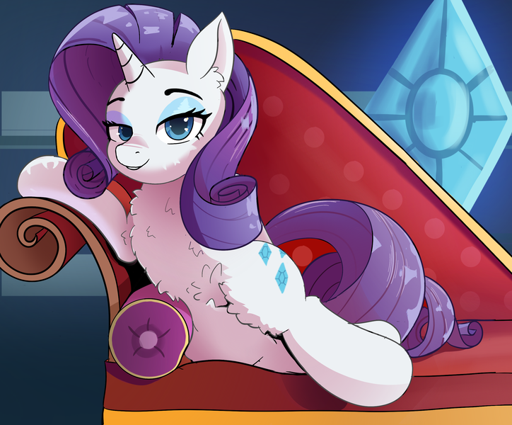 Size: 2475x2050 | Tagged: safe, artist:sirbreadstick99, derpibooru import, rarity, pony, unicorn, g4, blue background, blue eyes, chest fluff, couch, digital art, eyeshadow, fainting couch, female, females only, horn, image, jewelry, lying down, makeup, mare, my little pony, png, purple hair, purple mane, side, simple background, slouching, smiling, solo