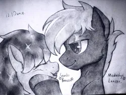 Size: 2000x1500 | Tagged: safe, artist:121ounce, derpibooru import, oc, oc:midnight lancer, oc:starlit beacon, unofficial characters only, pegasus, pony, female, hooves, image, jpeg, looking at each other, looking at someone, male, mare, pegasus oc, romantic, signature, smiling, sparkling mane, stallion, wings