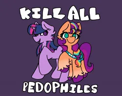 Size: 2048x1625 | Tagged: safe, artist:cascadecoral, sunny starscout, twilight sparkle, twilight sparkle (alicorn), alicorn, earth pony, pony, g4, g5, bag, based, dissonant caption, duo, duo female, female, image, jpeg, looking at each other, looking at someone, mane stripe sunny, mare, meme, mouthpiece, open mouth, pedophile, pedophilia, purple background, raised hoof, simple background, sunny and her heroine, text, unshorn fetlocks