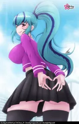 Size: 634x1000 | Tagged: suggestive, alternate version, artist:clouddg, derpibooru import, sonata dusk, human, equestria girls, g4, breasts, busty sonata dusk, butt, clothes, disguise, disguised siren, female, grin, human coloration, image, lipstick, looking at you, looking back, looking back at you, looking down, looking down at you, midriff, open mouth, outdoors, pleated skirt, png, ponytail, schrödinger's pantsu, shirts do not work that way, signature, skirt, smiling, tight clothing, vacuum sealed clothing, zettai ryouiki