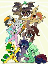 Size: 3000x4000 | Tagged: safe, artist:ja0822ck, ponerpics import, oc, oc:bella morel, oc:blocky bits, oc:chroma key, oc:dozy doc, oc:high flyer, oc:lily pop, oc:love bug, oc:roseate, oc:tulip patch, unofficial characters only, group, image, jpeg, light, mushroom, simple background, tower