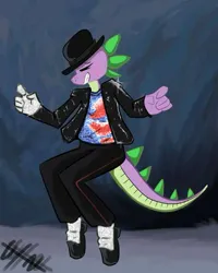 Size: 480x600 | Tagged: safe, artist:hollaholla69, derpibooru import, raven, spike, anthro, dragon, g4, clothes, denim, image, jeans, male, michael jackson, pants, png, solo, spikeal jackson