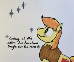 Size: 2048x1711 | Tagged: safe, artist:hoofclid, derpibooru import, braeburn, earth pony, pony, g4, constellation, hatless, image, jpeg, looking up, male, missing accessory, smiling, solo, stallion, stargazing, text