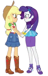 Size: 1132x1775 | Tagged: safe, derpibooru import, edit, edited screencap, editor:jacksontormbaymaz, screencap, applejack, rarity, human, equestria girls, g4, ankle strap, apologetic, applejack's hat, applejack's shirt with a collar, background removed, belt, best friends, blushing, boots, bracelet, clothes, collar shirt, cowboy boots, cowboy hat, cute smile, cutie mark, cutie mark on clothes, denim, denim skirt, duo, duo female, equestria girls specials, female, frilly design, geode of super strength, gold, hairpin, hat, high heel sandals, high heels, holding hands, image, jewelry, looking at each other, looking at someone, magical geodes, my little pony equestria girls: rollercoaster of friendship, necklace, pencil skirt, png, purple skirt, sandals, shirt with a collar, shoes, simple background, skirt, sleeveless, smiling, smiling at each other, stetson, tanktop, transparent background