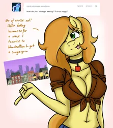 Size: 800x900 | Tagged: safe, artist:hasana-chan, derpibooru import, braeburn, anthro, earth pony, g4, ask, bailey sweet, breasts, cleavage, clothes, collar, dialogue, female, front knot midriff, futa, futa bailey sweet, image, intersex, jpeg, midriff, rule 63, solo, tongue out, trans female, transgender, tumblr