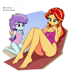 Size: 1407x1404 | Tagged: safe, artist:twilite-sparkleplz, derpibooru import, liza doolots, petunia, sunset shimmer, tootsie flute, human, equestria girls, g4, ass, belly, belly button, breasts, butt, clothes, drink, drinking straw, duo, duo female, female, image, kneeling, one-piece swimsuit, png, sitting, smiling, swimsuit