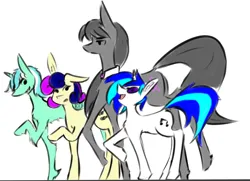 Size: 1066x772 | Tagged: safe, artist:tolltavianon, derpibooru import, bon bon, lyra heartstrings, octavia melody, sweetie drops, vinyl scratch, oc, oc:tolltavia, earth pony, pony, unicorn, g4, bowtie, height difference, horn, image, png, walking