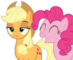 Size: 2419x1991 | Tagged: safe, artist:sketchmcreations, derpibooru import, applejack, pinkie pie, earth pony, pony, g4, season 7, shadow play, alternate versions at source, applejack is not amused, applejack's hat, cowboy hat, eyes closed, female, frown, grin, hat, image, lidded eyes, mare, my little pony, png, simple background, smiling, transparent background, unamused, vector