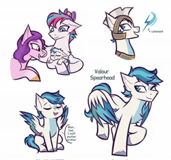 Size: 2048x1919 | Tagged: safe, artist:maxi_ponie, derpibooru import, pipp petals, zipp storm, oc, oc:valour spearhead, pegasus, pony, g5, colored wings, crystal, ear fluff, female, image, jpeg, male, mare, mother and child, mother and son, multicolored wings, offspring, one eye closed, open mouth, parent:hitch trailblazer, parent:zipp storm, parents:stormblazer, pegasus crystal, pegasus oc, royal sisters (g5), siblings, simple background, sisters, sitting, speech bubble, spread wings, unshorn fetlocks, white background, wings