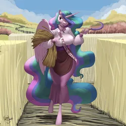 Size: 900x900 | Tagged: safe, artist:kevinsano, derpibooru import, princess celestia, alicorn, anthro, pony, unguligrade anthro, g4, big breasts, breasts, busty princess celestia, female, food, hair over one eye, image, mare, multiple variants, one eye closed, outdoors, png, sash, sickle, signature, smiling, solo, standing, standing on one leg, tongue out, wheat