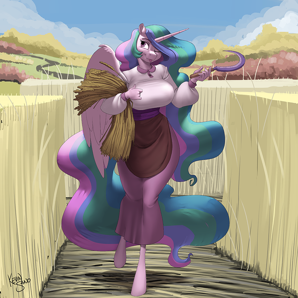 Size: 900x900 | Tagged: safe, alternate version, artist:kevinsano, derpibooru import, princess celestia, alicorn, anthro, pony, unguligrade anthro, g4, big breasts, breasts, busty princess celestia, female, food, hair over one eye, image, mare, multiple variants, one eye closed, outdoors, png, sickle, signature, smiling, solo, standing, standing on one leg, tongue out, wheat