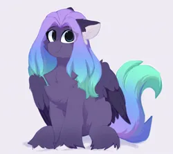 Size: 1320x1176 | Tagged: safe, artist:little-sketches, ponerpics import, oc, oc:purple grim, unofficial characters only, pegasus, pony, butt fluff, cheek fluff, chest fluff, colored ears, colored hooves, ear fluff, eye clipping through hair, eyebrows visible through hair, female, floppy ears, gradient mane, gradient tail, gray background, image, jpeg, leg fluff, mare, partially open wings, pegasus oc, pegasus wings, raised eyebrows, simple background, sitting, smiling, solo, two toned wings, unshorn fetlocks, wings