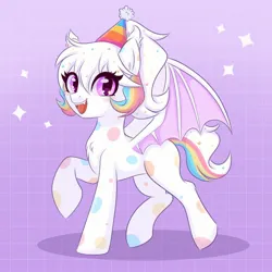 Size: 2048x2048 | Tagged: safe, artist:kuro, derpibooru import, oc, oc:confetti cupcake, unofficial characters only, bat pony, pony, bat pony oc, bat wings, chest fluff, concave belly, ear fluff, female, image, jpeg, mare, open mouth, open smile, raised hoof, smiling, solo, spread wings, wings