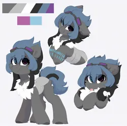 Size: 1768x1754 | Tagged: safe, artist:little-sketches, ponerpics import, oc, oc:vivian, unofficial characters only, earth pony, pony, :p, butt fluff, cheek fluff, chest fluff, color palette, colored hooves, ear fluff, earth pony oc, eye clipping through hair, eyebrows visible through hair, female, glyph, goggles on head, gray background, heterochromia, hooves to the chest, hooves together, image, jpeg, leg fluff, mare, raised eyebrows, reference sheet, simple background, smiling, solo, standing, tongue out