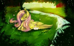 Size: 1908x1180 | Tagged: safe, artist:yne, derpibooru import, angel bunny, fluttershy, butterfly, insect, pegasus, pony, rabbit, g4, animal, beautiful, content, duo, eyes closed, female, fluffy, fluffy wings, folded wings, grass, image, jpeg, krita, leaves, lens flare, lying down, mare, nature, outdoors, ponyloaf, prone, river, signature, sleeping, tree, water, wings