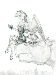 Size: 1023x1350 | Tagged: safe, artist:baron engel, derpibooru import, rainbow dash, anthro, gargoyle, pegasus, g4, big breasts, breasts, busty rainbow dash, chrysler building, cleavage, clothes, image, jewelry, jpeg, monochrome, patreon, patreon reward, pencil drawing, rouge the bat costume, simple background, solo, sonic the hedgehog (series), thief, traditional art, white background