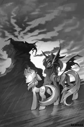 Size: 1346x2043 | Tagged: safe, artist:ramiras, derpibooru import, lyra heartstrings, oc, alicorn, pony, unicorn, fanfic:background pony, g4, black and white, butt, duo, female, floppy ears, grayscale, horn, image, looking up, mare, monochrome, plot, png