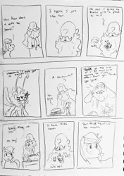 Size: 1438x2048 | Tagged: safe, artist:pony quarantine, derpibooru import, oc, oc:anon, unofficial characters only, breezie, earth pony, human, pony, beard, breezie oc, comic, comic strip, dialogue, facial hair, family, female, foal, food, grayscale, image, interspecies, jpeg, male, mare, monochrome, oc x oc, pencil drawing, sandwich, shipping, stallion, straight, traditional art