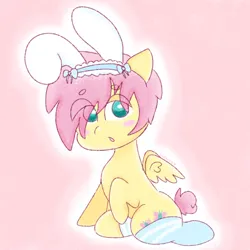 Size: 1280x1280 | Tagged: safe, artist:cozyinbutters, derpibooru import, fluttershy, pony, g4, animal costume, blushing, bow, bunny costume, bunny ears, butterscotch, clothes, costume, cute, image, looking at you, male, messy mane, png, rule 63, socks, solo, thigh highs, tired eyes
