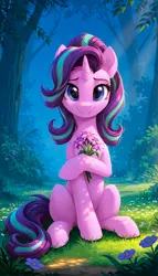 Size: 944x1656 | Tagged: safe, generator:zoinksnoob, machine learning generated, prompter:cypher, starlight glimmer, pony, unicorn, g4, female, flower, horn, image, png, sitting, smiling, solo, solo female, tree