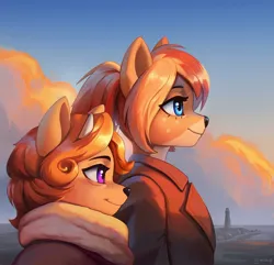 Size: 1750x1689 | Tagged: safe, artist:mrscroup, derpibooru import, oc, oc:viira lehtola, unofficial characters only, deer, equestria at war mod, blue eyes, clothes, cloud, commission, digital art, duo, female, horns, image, jpeg, lighthouse, ocean, outdoors, scenery, smiling, sunset, water