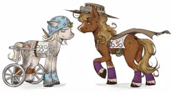 Size: 1483x810 | Tagged: safe, artist:zwm8604, derpibooru import, ponified, earth pony, pony, anime, butt, cape, clothes, cutie mark, golden ratio, gyro zeppeli, handicapped, hat, image, johnny joestar, jojo's bizarre adventure, jpeg, male, plot, stallion, steel ball run, wheelchair