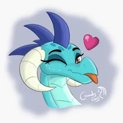 Size: 1000x1000 | Tagged: safe, artist:ckaiadn, derpibooru import, princess ember, dragon, g4, :p, bust, dragoness, female, heart, image, looking at you, mlem, one eye closed, png, portrait, signature, silly, solo, tongue out, wink