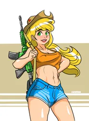 Size: 2641x3575 | Tagged: safe, artist:carpdime, derpibooru import, applejack, human, g4, assault rifle, belly, belly button, breasts, busty applejack, clothes, daisy dukes, denim, denim shorts, erect nipples, gun, hat, humanized, image, midriff, nipple outline, open mouth, open smile, png, rifle, short shirt, shorts, smiling, solo, weapon