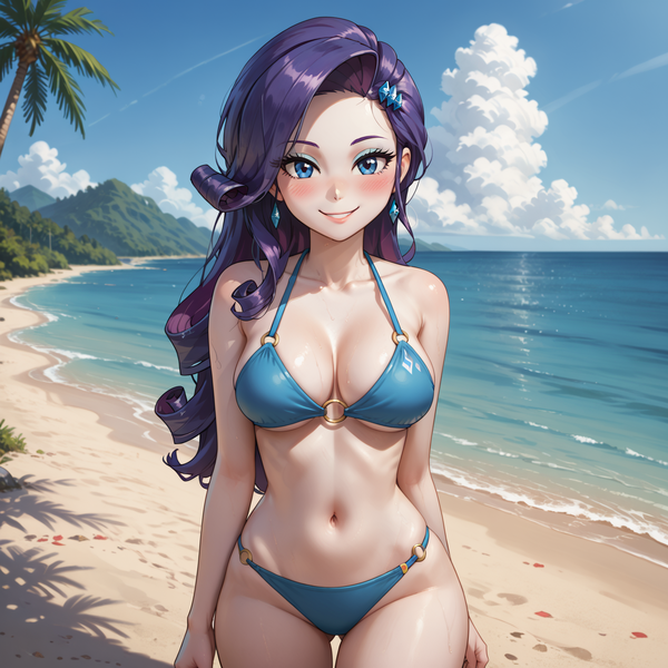 Size: 1536x1536 | Tagged: safe, generator:prefect pony v5 xl, machine learning generated, prompter:funnyglow144, stable diffusion, rarity, human, equestria girls, g4, beach, belly button, bikini, blushing, breasts, busty rarity, cleavage, clothes, cute, female, hat, image, looking at you, o-ring bikini, outdoors, palm tree, png, reasonably sized breasts, smiling, solo, solo female, standing, swimsuit, tree