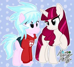 Size: 1635x1464 | Tagged: safe, artist:mommymidday, derpibooru import, oc, unofficial characters only, earth pony, pony, unicorn, clothes, duo, duo female, earth pony oc, female, female oc, horn, image, jpeg, lifeguard, looking at someone, mare oc, outline, signature, swimsuit, unicorn oc, white outline