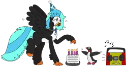 Size: 2946x1569 | Tagged: safe, artist:supahdonarudo, derpibooru import, oc, oc:icebeak, unofficial characters only, bird, classical hippogriff, hippogriff, penguin, birthday, birthday cake, boombox, bowtie, cake, candle, dancing, eyes closed, food, hat, image, jewelry, music notes, necklace, party hat, png, simple background, transparent background