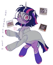 Size: 1235x1518 | Tagged: safe, artist:rottenisles, derpibooru import, twilight sparkle, pony, g4, alternate design, clothes, companion cube, doug rattmann, glasses, image, lab coat, png, portal (valve), simple background, solo, twitterina design, white background