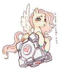 Size: 1212x1340 | Tagged: safe, artist:rottenisles, derpibooru import, fluttershy, pegasus, pony, g4, companion cube, female, image, jpeg, mare, portal (valve), simple background, solo, white background