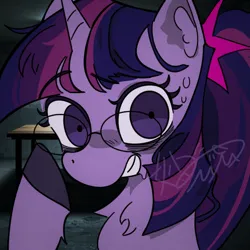 Size: 1080x1080 | Tagged: safe, artist:miaojiem, derpibooru import, twilight sparkle, alicorn, pony, unicorn, g4, bust, female, glasses, gritted teeth, horn, image, looking at you, mare, png, portrait, solo, sweat, teeth