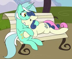 Size: 2145x1769 | Tagged: safe, artist:sythenmcswig, derpibooru import, bon bon, lyra heartstrings, sweetie drops, earth pony, pony, unicorn, g4, bench, cute, duo, eyes closed, female, floppy ears, happy, horn, image, lesbian, lyrabon, mare, png, shipping, sitting, smiling, snuggling