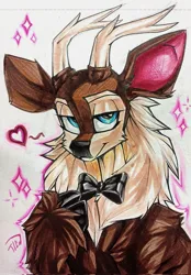 Size: 1423x2048 | Tagged: safe, artist:tlen borowski, derpibooru import, oc, oc:kevin reindeer, unofficial characters only, deer, bow, bowtie, bust, clothes, deer oc, heart, image, jpeg, non-pony oc, portrait, raised hoof, solo, traditional art