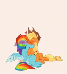 Size: 1971x2204 | Tagged: safe, artist:syingzi, derpibooru import, applejack, rainbow dash, pegasus, pony, g4, appledash, applejack's hat, blonde hair, blonde tail, blue coat, blushing, cowboy hat, duo, eyes closed, feathered wings, female, floppy ears, freckles, hat, heart, image, jpeg, kiss on the lips, kissing, lesbian, love, multicolored hair, orange coat, ponytail, rainbow hair, rainbow tail, romantic, shipping, simple background, tail, wings