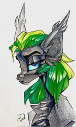 Size: 1231x2048 | Tagged: safe, artist:tlen borowski, derpibooru import, oc, unofficial characters only, bat pony, blue eyes, bust, chest fluff, ear fluff, fangs, green mane, image, jpeg, looking at you, portrait, solo, traditional art