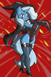 Size: 674x1022 | Tagged: safe, artist:theburningdonut, derpibooru import, trixie, anthro, plantigrade anthro, pony, unicorn, g4, abstract background, breasts, busty trixie, cleavage, clothes, eyeshadow, female, fishnet clothing, fishnets, grin, high heels, horn, image, jpeg, leotard, looking at you, makeup, mare, shoes, smiling, smiling at you, socks, solo, stockings, thigh highs