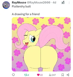 Size: 720x758 | Tagged: safe, artist:raymouse2000, derpibooru import, fluttershy, mouse, pegasus, pony, g4, butt, butt focus, featureless crotch, female, flower, flutterbutt, image, jpeg, large butt, looking at you, meta, one eye closed, open mouth, photo, raised tail, simple background, smiling, smiling at you, solo, tail, twitter, wink, winking at you